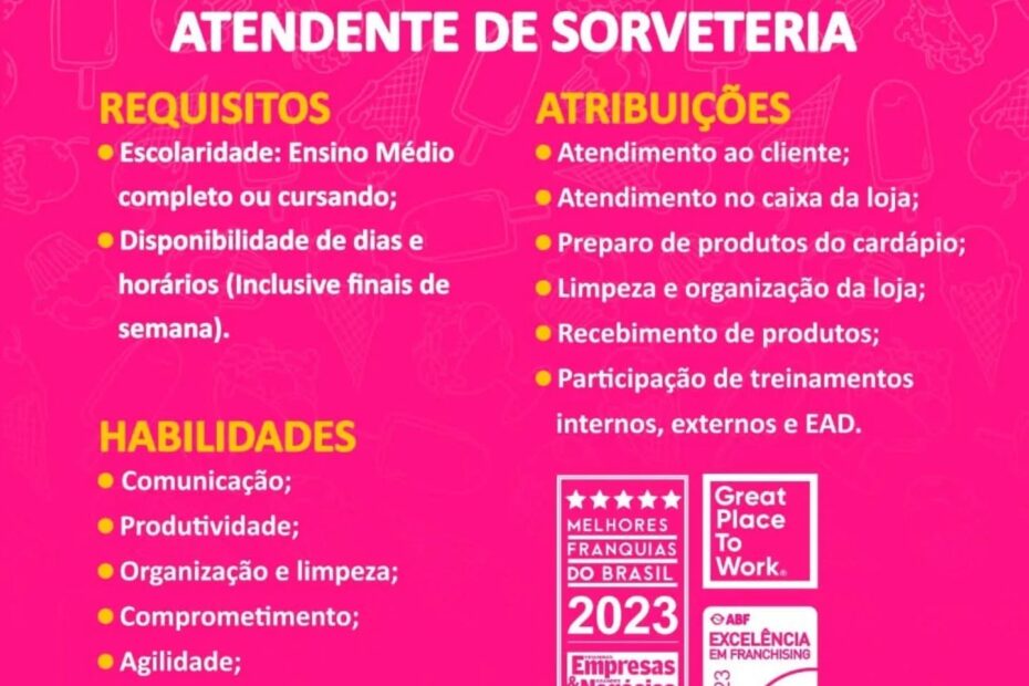 Vaga para Atendente de Sorveteria Gelaboca Estamos contratando
